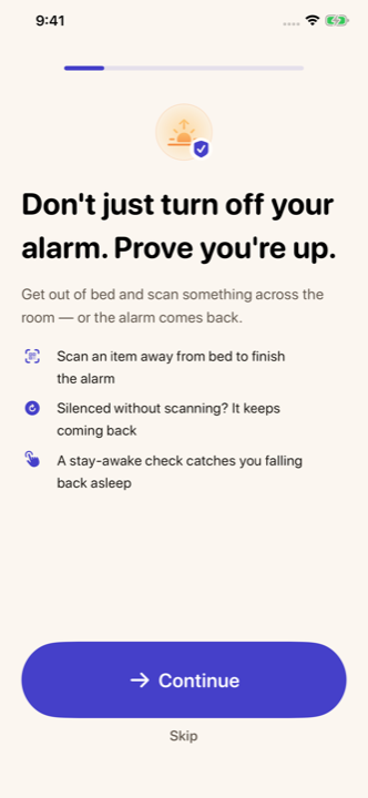 The Mornio home screen showing an alarm set for 6:30 AM with protection active.