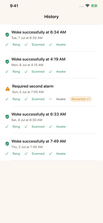The Mornio alarm history, showing how each morning actually ended.