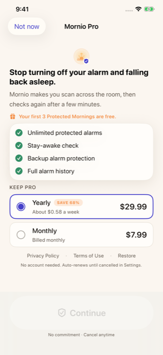 The Mornio Pro screen listing what a subscription unlocks.