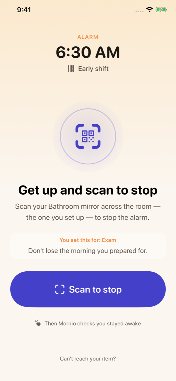 The Mornio alarm at 6:30 AM: Get up and scan to stop, with a Scan to stop button.